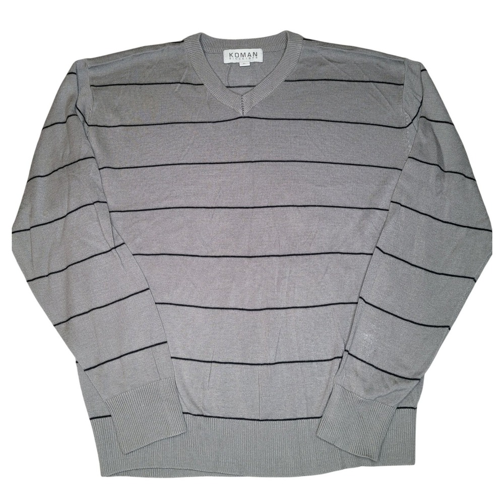 Koman Sweater Mens XL‎ Gray Striped V-Neck Long Sleeve Acrylic Pullover